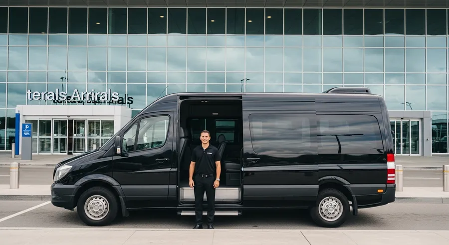 A clean black tour van waiting outside the Toronto Pearson Airport arrivals terminal
