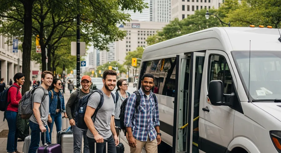 Travellers boarding a minibus at a downtown Toronto pickup point for a Niagara Falls day tour