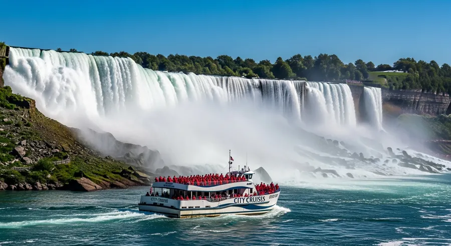 Horseshoe Falls with a Niagara City Cruises boat passing through the mist on a sunny afternoon