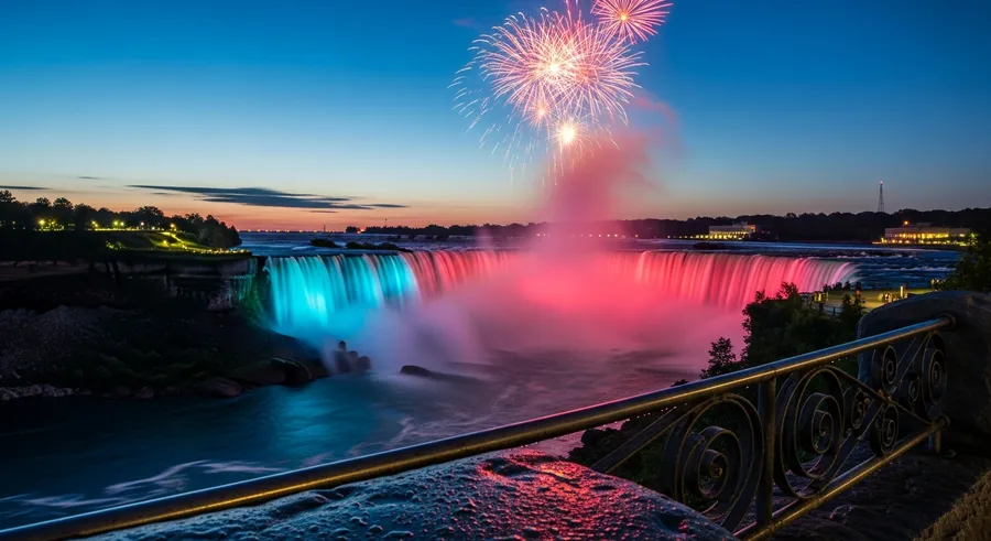 Niagara Falls lit in colourful illumination lights at dusk with fireworks overhead