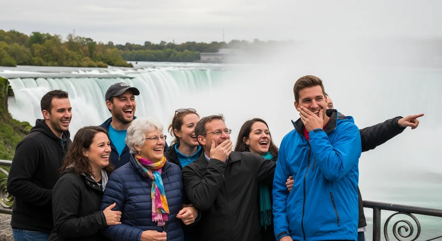 A happy tour group at the Niagara Falls railing