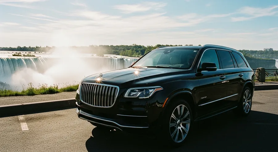 A premium black SUV parked at Table Rock with Horseshoe Falls in the background