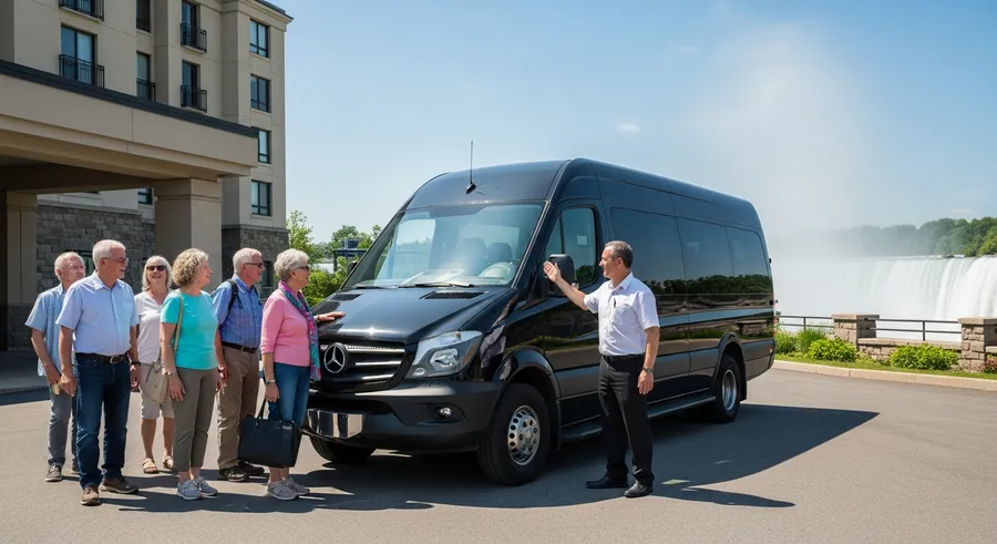 A small group boarding a Mercedes Sprinter van at a Niagara Falls hotel for a local day tour